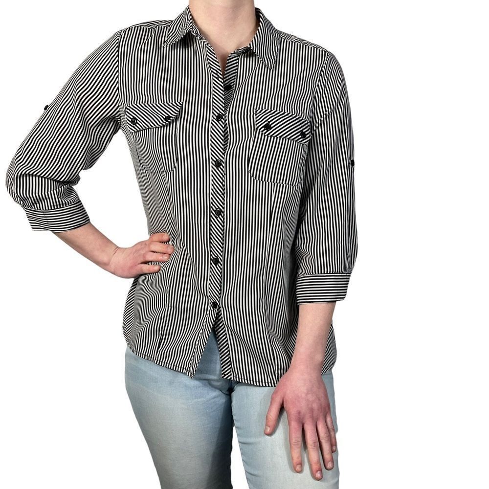 Notations Womens Black and White Striped Roll Tab Sleeve Button Shirt